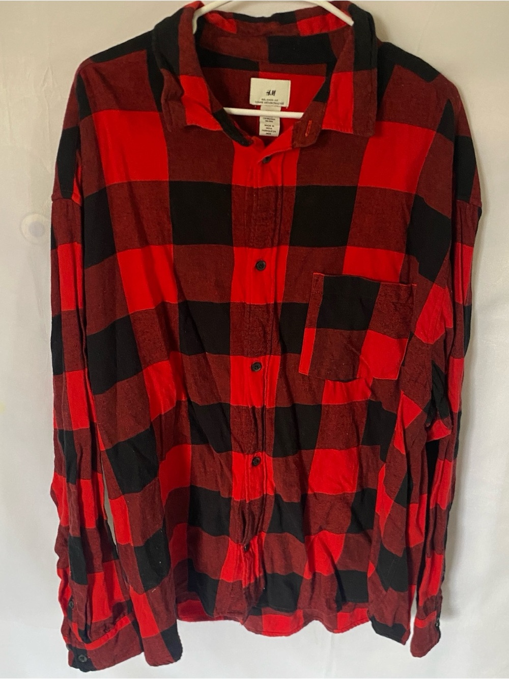 H&M Flannel Shirt Mens 3XL Red Black Buffalo Plaid Relaxed Fit Button Up Big